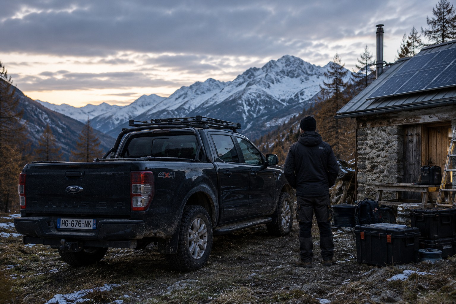 Artisan préparant son matériel au départ d’un chantier de montagne