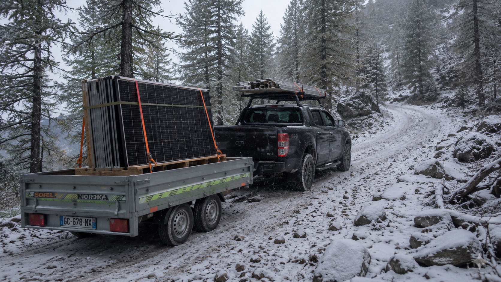 Ford Ranger et remorque double essieu chargée de matériel sur une piste légèrement enneigée