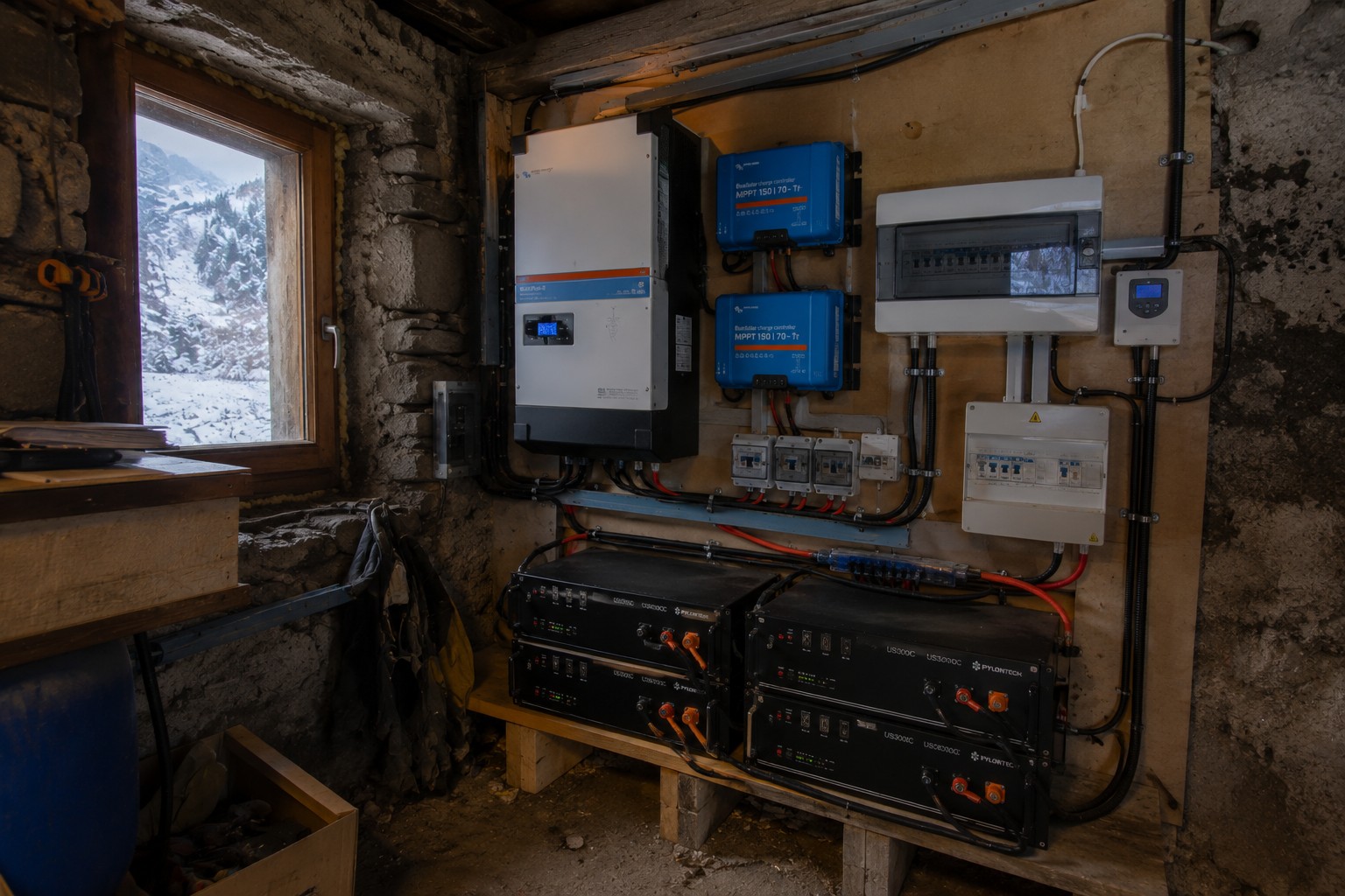 Installation photovoltaïque autonome complète dans le local technique d’un chalet