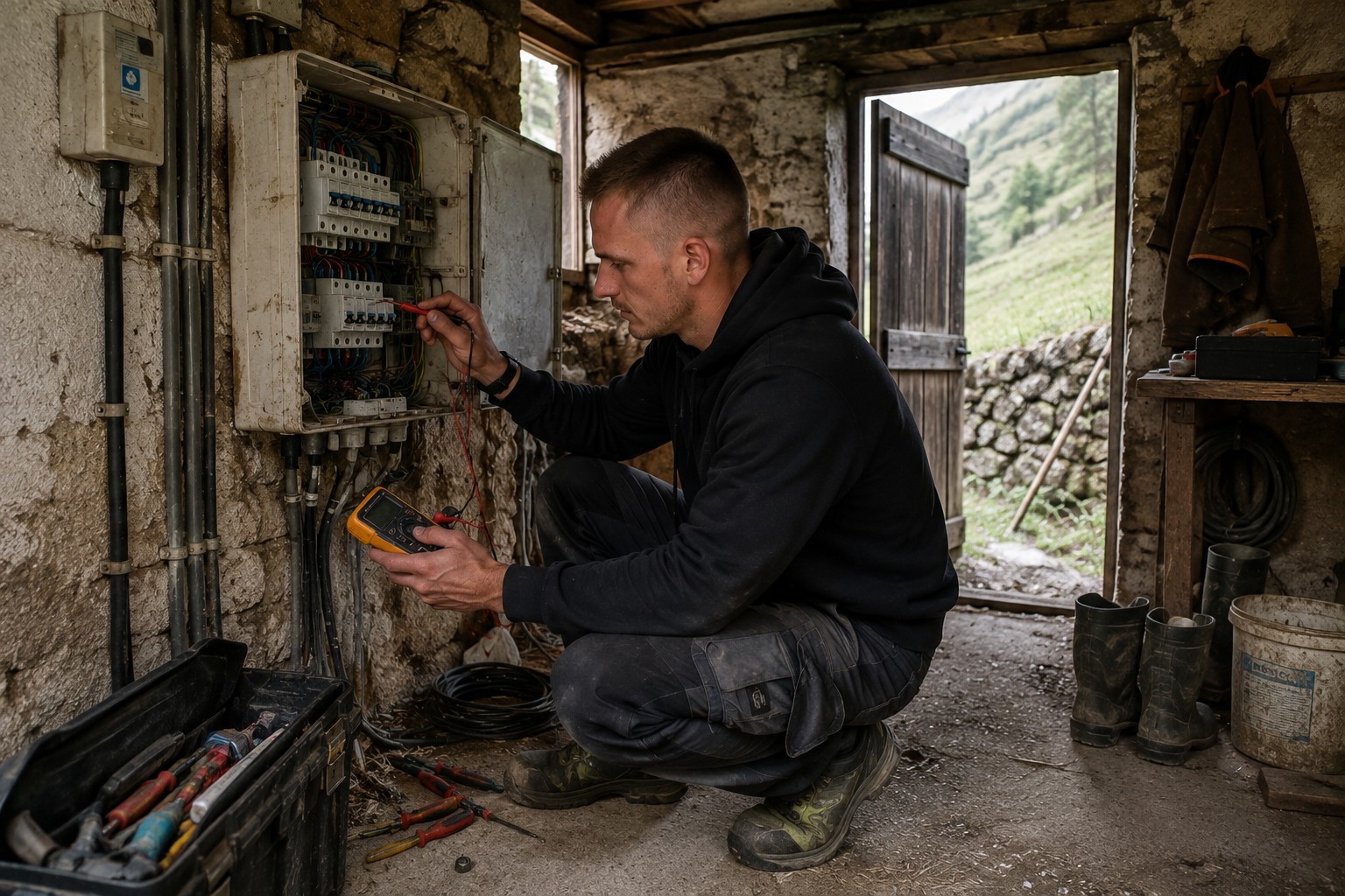 Artisan diagnostiquant une installation électrique existante dans un chalet