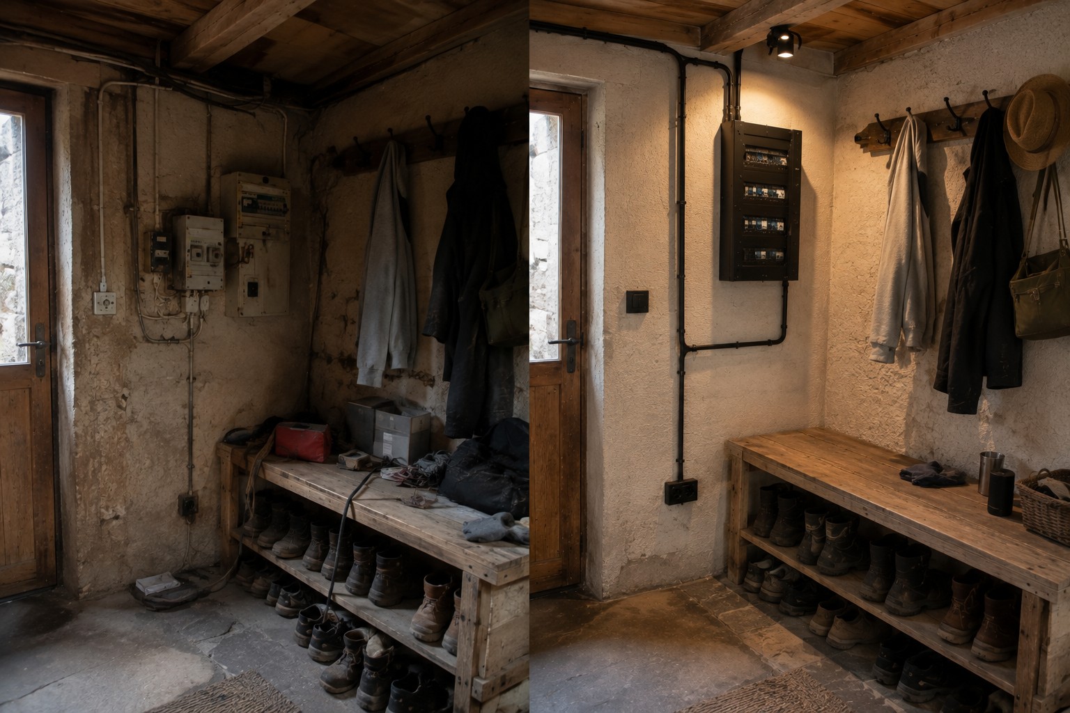 Avant et après la rénovation électrique d’une entrée de chalet