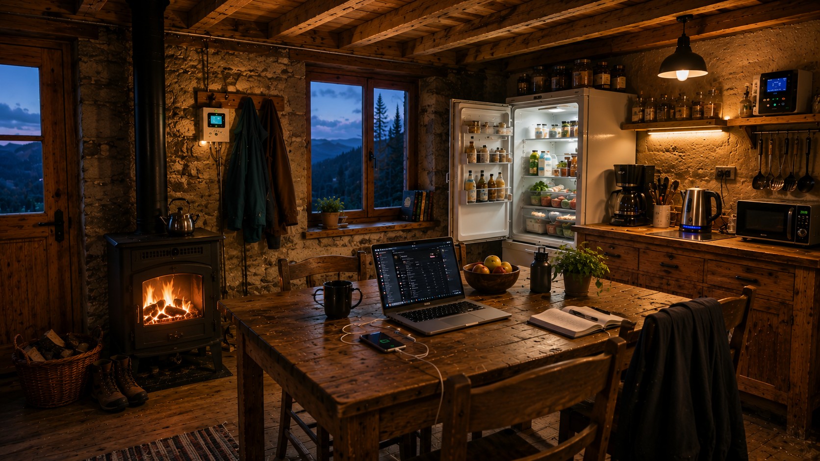 Intérieur chaleureux d’un chalet autonome habité